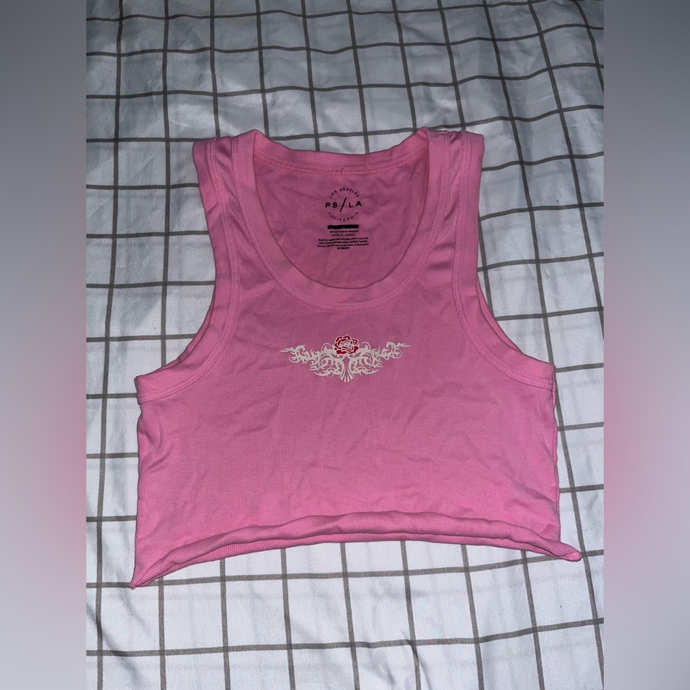 Hot pink vintage 90s style ribbed PacSun top with rose tattoo print.